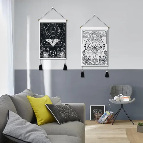 Miniatura 4 de Paquete de 2 tapices de sol y luna, tapiz blanco y negro con diseño de vid de flores, para colgar en la pared para habitación (13.8 x 19.7 pulgadas)
