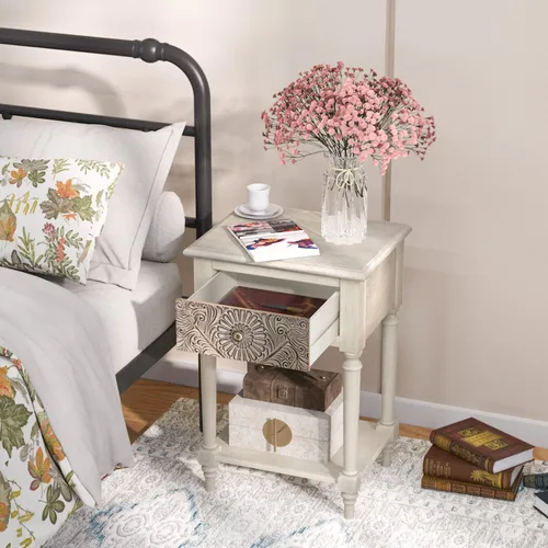 Miniatura 6 de SUNBURY Juego de 2 mesitas de noche vintage, mesa de noche pequeña de madera con cajón y estante abierto, mesa auxiliar de acento shabby para sala