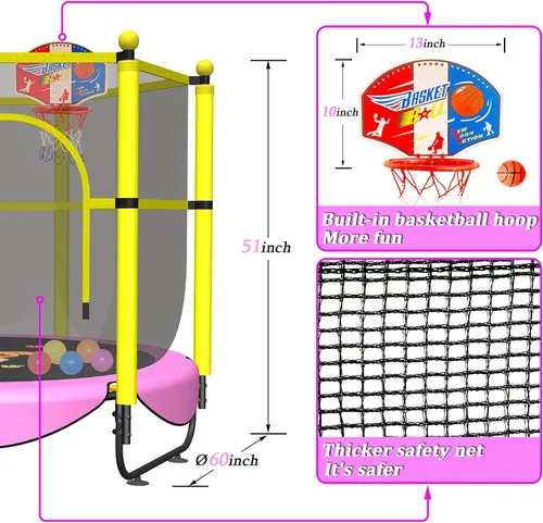 Miniatura 6 de VGMiu Trampolín de 60 pulgadas para niños, cama elástica de 5 pies para interiores y exteriores con aro de baloncesto, recinto de seguridad, regalos