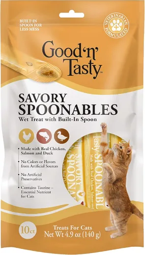 Miniatura 13 de Good 'n' Tasty Cucharas sabrosas con pato real, carne de res y conejo, tubo de 6 unidades, golosinas húmedas exprimibles de triple sabor para gatos
