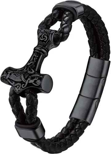 Bestyle Pulseras vikingas trenzadas de cuero genuino para hombres y niños, estilo vintage, martillo de Thor, calavera, masón masónico, pulseras con
