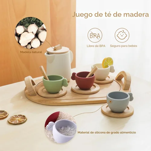 Miniatura 2 de Juego de té de madera Youuys para niños pequeños de 3 a 5 años, juegos de té para niñas pequeñas de 4 a 6 años, 14 piezas de accesorios de cocina