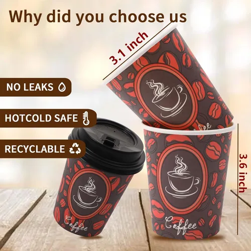 Miniatura 3 de Tazas de café de papel desechables con tapas, perfectas para té y bebidas calientes, paquete de 100 (8 onzas, diseño de grano de café)