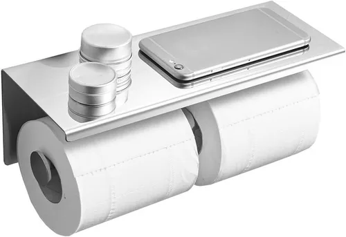 Miniatura 7 de Soporte de papel higiénico de doble rollo con estante, dispensador de pañuelos de acero inoxidable montado en la pared para baño (plateado)