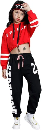 Miniatura 2 de Conjunto de 2 piezas para niñas, ropa de baile hip hop, sudadera con capucha recortada, pantalones deportivos, ropa de baile, Chándal.