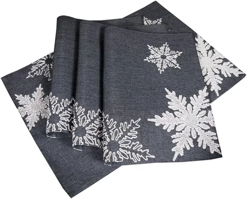 XD17141 Glisten - Manteles individuales de Navidad bordados con copos de nieve, 14 x 20 pulgadas, gris, 4 piezas