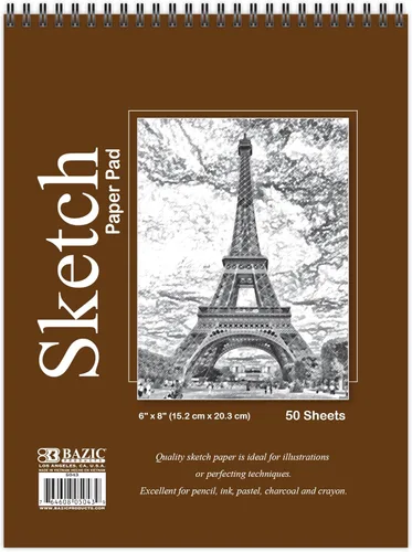 BAZIC - Bloc de bocetos de 50 hojas de 6 x 8 pulgadas, cuaderno de bocetos en espiral encuadernado en la parte superior, libro para colorear para 50