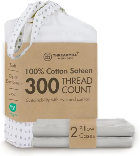 Miniatura 30 de Threadmill Home Linen Bedding - Juego de sábanas de 300 hilos, 100 % algodón, juego de cama de lujo, 4 piezas, tejido de satén suave, color blanco