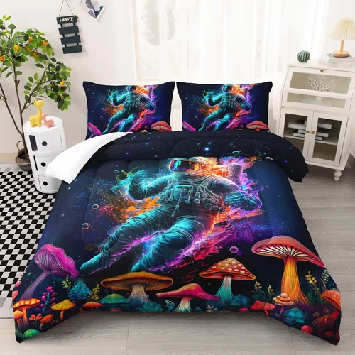 Miniatura 13 de AILONEN Juego de edredón de gato astronauta, tamaño individual, hermoso juego de ropa de cama cósmico estrellado para dormitorio, juego de edredón