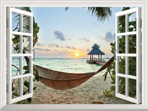 Miniatura 9 de FLFK Adhesivo de pared con ventana falsa - Mural de pared con ventana falsa de atardecer en la playa para decoración de pared, adhesivos de pared