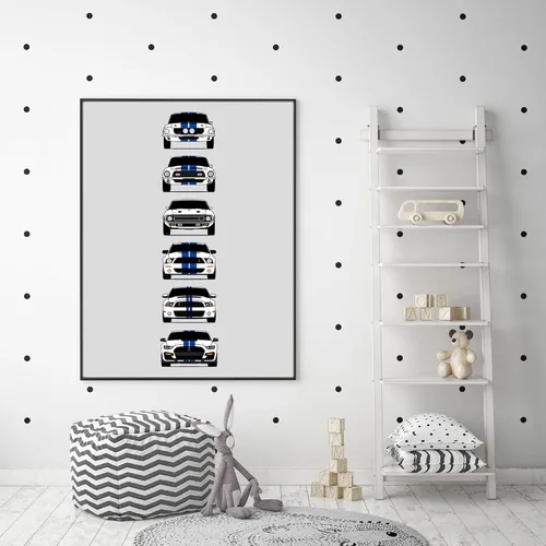Miniatura 4 de Custom Car Posters Póster hecho a mano compatible con Shelby Mustang GT500 Generations e impresión de Ford Shelby GT500, blanco con rayas azules, 2.