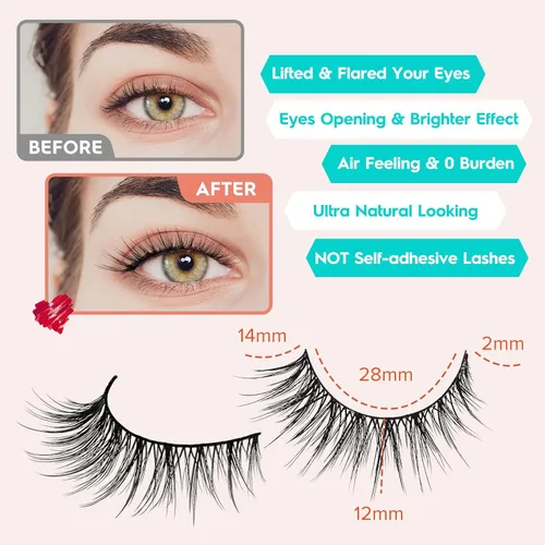 Miniatura 2 de Pestañas postizas naturales de ojo de gato, pestañas falsas Wispy de 14 mm, aspecto natural, banda delgada de 0.1 mm, pestañas postizas de tira 3D