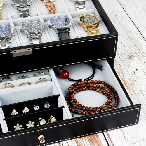 Miniatura 4 de GUKA Caja de reloj con 12 ranuras, organizador de exhibición de reloj, caja de joyería de cuero, cajón de cristal, cumpleaños para hombres