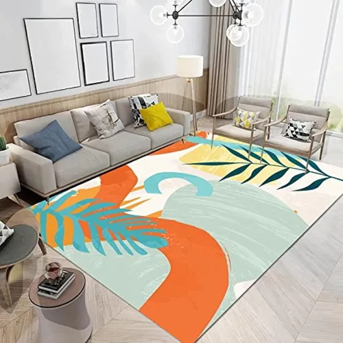 Alfombra de área con diseño de dibujos animados en acuarela, estilo bohemio de mediados de siglo, con diseño de hojas de palmera tropicales, suave,