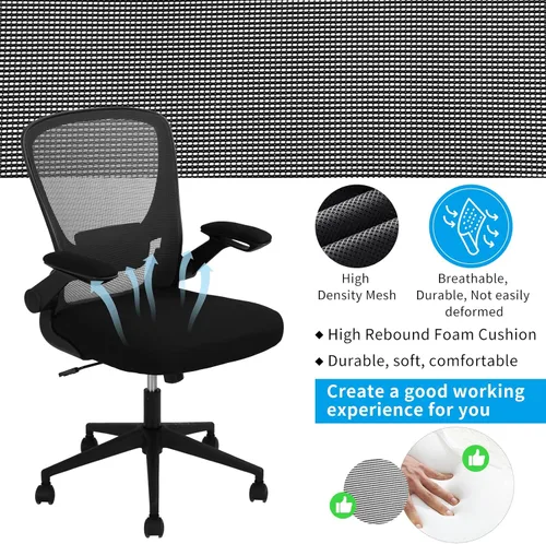 Miniatura 4 de Silla ergonómica de oficina con respaldo medio, silla de computadora de malla con soporte lumbar y reposabrazos abatibles, silla giratoria de altura