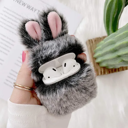 Guppy QL2357-Airpods2-1 Compatible con AirPods - Funda protectora suave y cálida con orejas de conejo para niñas, diseño de caricaturas en 3D, color