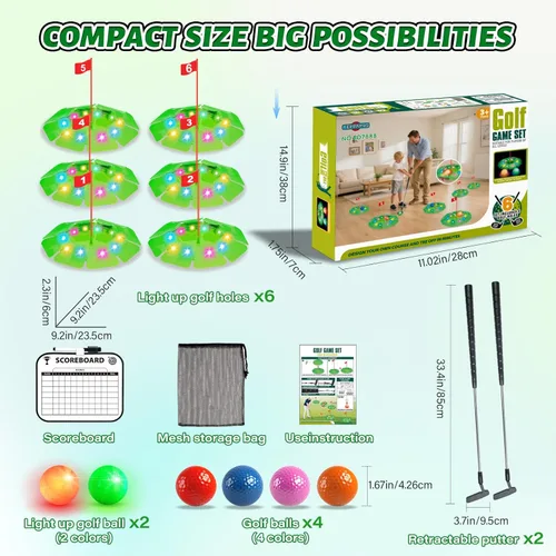 Miniatura 9 de TERRAMUS Juego de golf iluminado - Juego de golf para niños actualizado con 6 objetivos LED, 2 palos, 6 pelotas (2 brillan), juguetes de golf Green