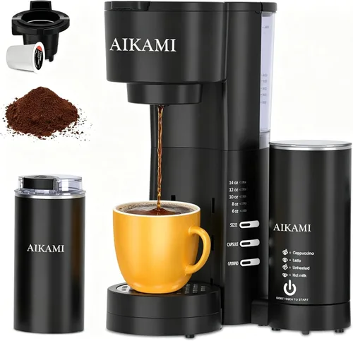 Cafetera de una sola porción 4 en 1 con espumador de leche y molinillo de café, cafetera para taza K y café molido, con depósito de agua extraíble