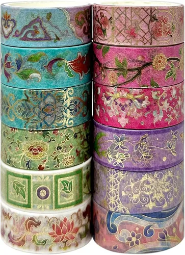 Miniatura 10 de allydrew Elegante caja de cinta washi de lámina dorada para artes y manualidades, álbumes de recortes, papelería, diario (12 rollos), festival rosa