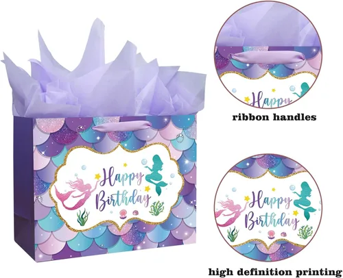 Miniatura 3 de Laidans Bolsa grande de regalo de cumpleaños de sirena de 13 pulgadas con asa, papel de seda y tarjeta para niños y niñas (13 pulgadas morado)