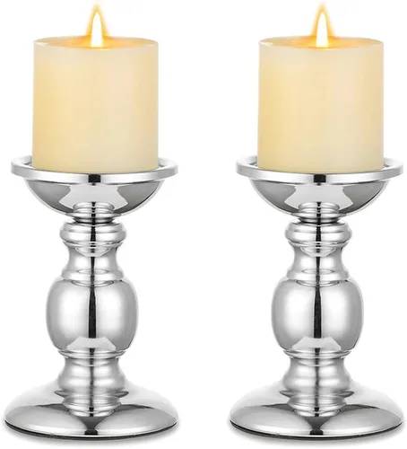 Miniatura 8 de Nuptio Portavelas negro para velas de pilar - Juego de 2 portavelas rústicos Soporte de velas de metal alto Portavelas de pilar retro de otoño