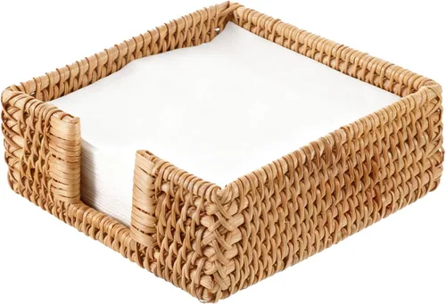 Servilletero cuadrado de ratán, 7 × 7 × 2.4 pulgadas Servilleteros para servilletas de papel | Toallero tejido para invitados, soporte rústico para