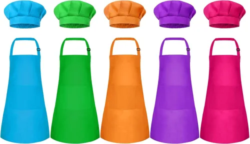 Miniatura 18 de Conjunto de Delantal y Gorro de Chef para Niños, Delantal Infantil Ajustable con 2 Bolsillos, para Niños Chef y Pintura, Cocinar, Hornear