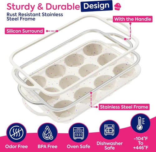Miniatura 3 de RICCLE Moldes de silicona para magdalenas para hornear con marco reforzado de metal, molde para magdalenas de 12 tazas, 2 bandejas para magdalenas