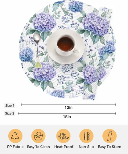 Miniatura 7 de Juego de 2 manteles individuales para mesa de comedor, flores de hortensias moradas, hojas de acuarela, 15 pulgadas, decorativos, redondos