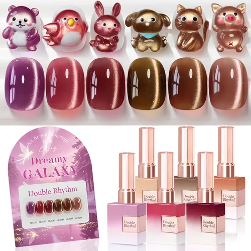 Miniatura 20 de Double Rhythm - Juego de esmalte de uñas de gel ojo de gato de 6 unidades, mismo color, misma botella, 14.8 ml, brillo con glitter, con imán