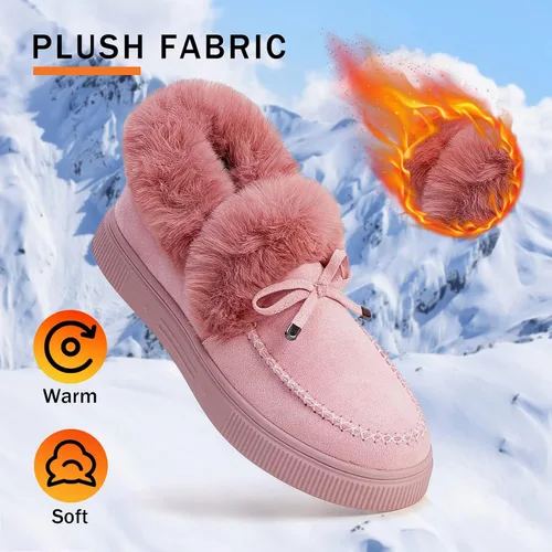 Miniatura 2 de TINSTREE Botas planas de invierno cálidas y duraderas, zapatos casuales de moda con forro de piel, botines de nieve, mocasines planos de plataforma