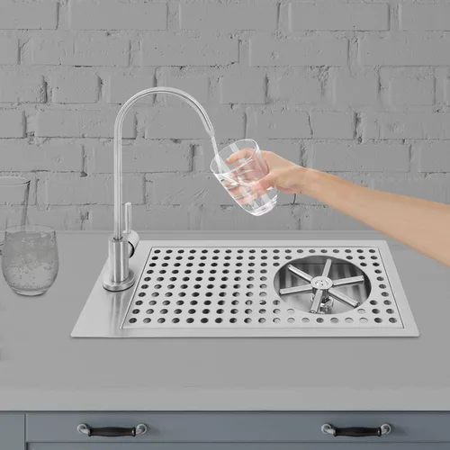 Miniatura 2 de Enjuagadora de jarra, lavadora de vidrio para encimera comercial, enjuague de vidrio de barra de acero inoxidable con grifo tipo empuje para bar