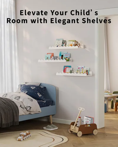 Miniatura 3 de G&W Gruwald Juego de 3 estantes para libros de guardería, decoración de guardería para bebés y niños pequeños, estantes festoneados, estante