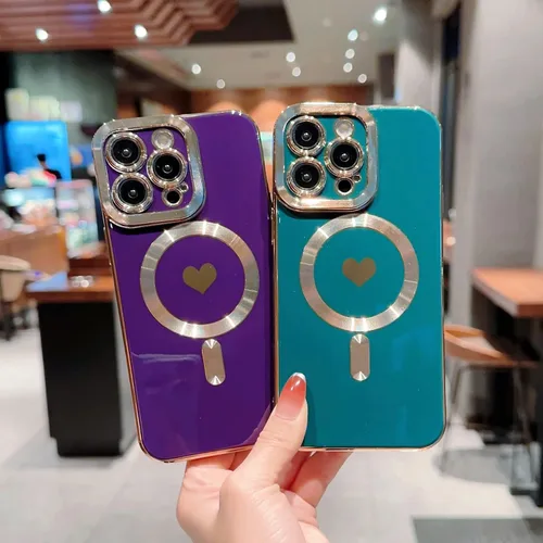 Miniatura 8 de Magsafe - Funda magnética para iPhone 13 Pro Max, cubierta de lujo chapada en forma de corazón, compatible con Magsafe para mujeres y niñas con Azul