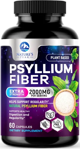 Polvo de cáscara de psyllium de 2000 mg por porción, suplemento de fibra soluble para salud digestiva diaria y apoyo a la regularidad, cápsulas de