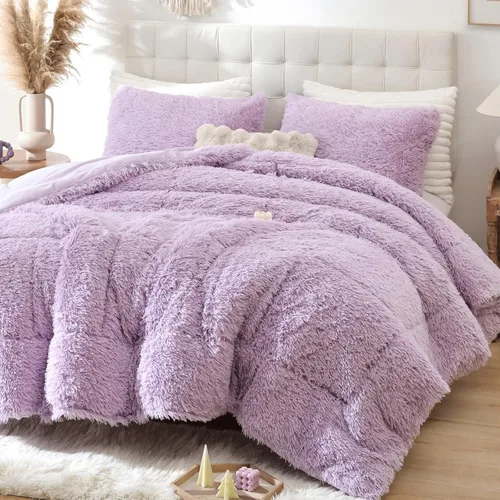 Miniatura 28 de Smoofy Juego de edredón esponjoso de tamaño Full, juego de edredón rosa de piel sintética, juego de ropa de cama mullido de lujo, juego de ropa