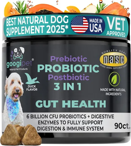 Googipet Probiotics for Dogs Digestive Health – Prebióticos y probióticos masticables para tratamiento de infección por levaduras de perro + enzimas
