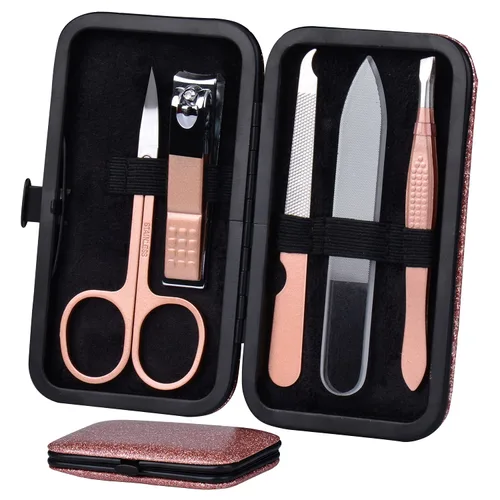 HANTEKAS Juego de manicura 5 piezas en 1 de acero inoxidable profesional para el cuidado de las uñas, incluyendo nanocristal, brillo de uñas, lima,