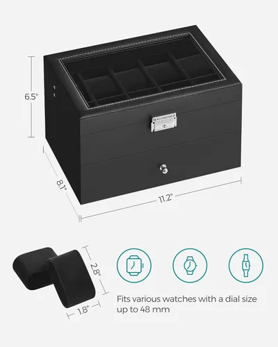 Miniatura 29 de SONGMICS UJWB012 - Caja de reloj de 12 ranuras, caja de reloj con cerradura con tapa de vidrio, 2 capas, con 1 cajón para anillos, pulseras, idea