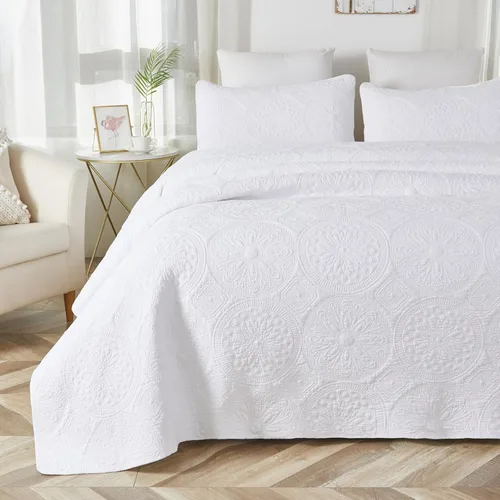 Brandream Juego de Ropa de Cama Acolchado con Medallón de Lujo Tamaño King de Algodón Estilo Granja Juego de Edredón Tamaño Queen Colcha Matelassé