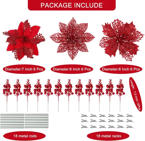 Miniatura 3 de RECUTMS 66 piezas 3 estilos de adornos rojos de Navidad, flores de Pascua brillantes de Poinsettia artificiales, adornos de árbol de Navidad, flores