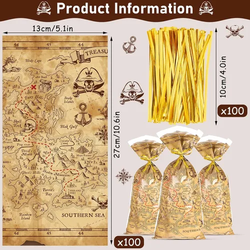 Miniatura 2 de Epakh Bolsas de violonchelo para fiesta pirata, mapa del tesoro y bolsas temáticas de isla con lazos dorados para fiestas de cumpleaños