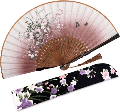 Miniatura 24 de Abanico plegable de seda y bambú, 8.27 pulgadas (21 cm), estilo retro, vintage, elegante y encantador, chino/japonés, regalo para mujeres y niñas