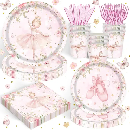 120 piezas de suministros de fiesta de bailarina para niñas, decoración temática de baile para primera y segunda fiesta de cumpleaños, lindo set de