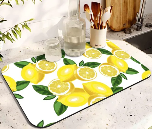 Tapete de secado de platos para encimera de cocina 20x12 pulgadas, tapete de secado rápido de platos lavable, tapete de drenaje absorbente con Limón