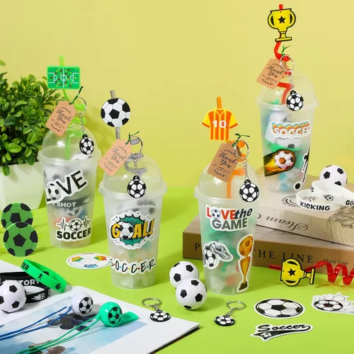 Miniatura 3 de Weysat Juego de 268 piezas de recuerdos de fiesta de fútbol para 24 personas, regalos de cumpleaños, tazas de golosinas con pajitas, llaveros