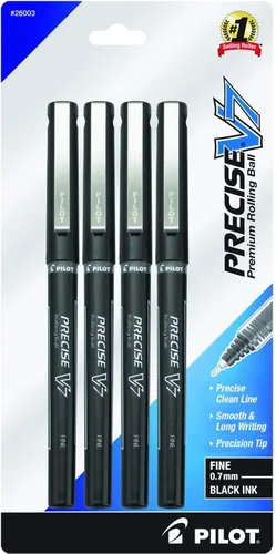 Pilot, Precise V7, Bolígrafos de tinta líquida con tapa, punta fina de 0.7 mm, bolígrafos de tinta negra, paquete de 4 - Ideal para la escuela,