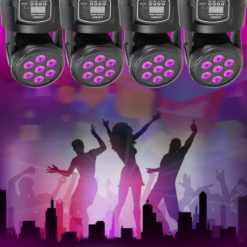 Miniatura 3 de Lixada Luz de cabeza móvil 7x10W Cabeza móvil 4 en 1 RGBW profesional 9/14 canales DMX-512 DJ luces 100W AC 100-240V sonido activo para KTV Club Bar