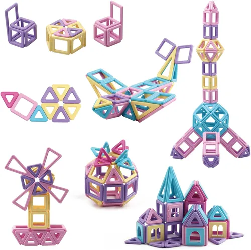 Mini Magnetic Tiles Building Blocks, STEM Construction Toy for Kids, Magnetic Castle Building Set, 58 Pieces