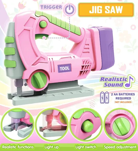 Miniatura 4 de Juego de herramientas para niños con taladro eléctrico, motosierra, herramientas de juguete para niñas, juego de herramientas realistas